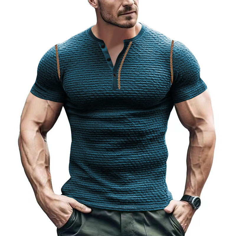 Men's structured short-sleeve henley with three-dimensional relief structure, reinforced button placket, and contrast piping Mune Fashion