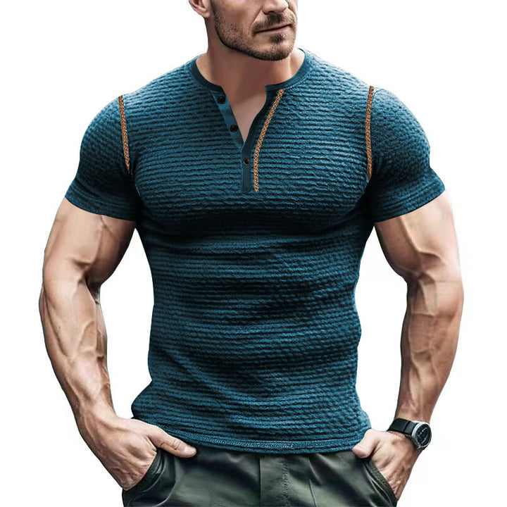 Men's structured short-sleeve henley with three-dimensional relief structure, reinforced button placket, and contrast piping Mune Fashion