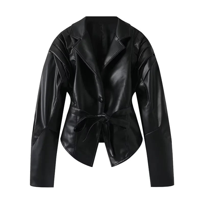 Women's tailored blazer coat with pleated shoulders, shawl collar, and tie belt Mune Fashion