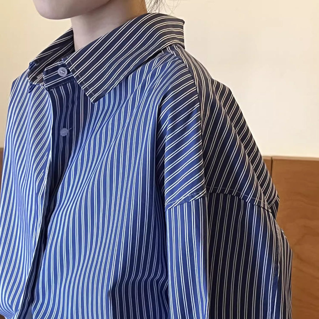 Women Oversized Long Sleeve Shirt Blouse with Vertical Stripes and Loose Fit Mune Fashion