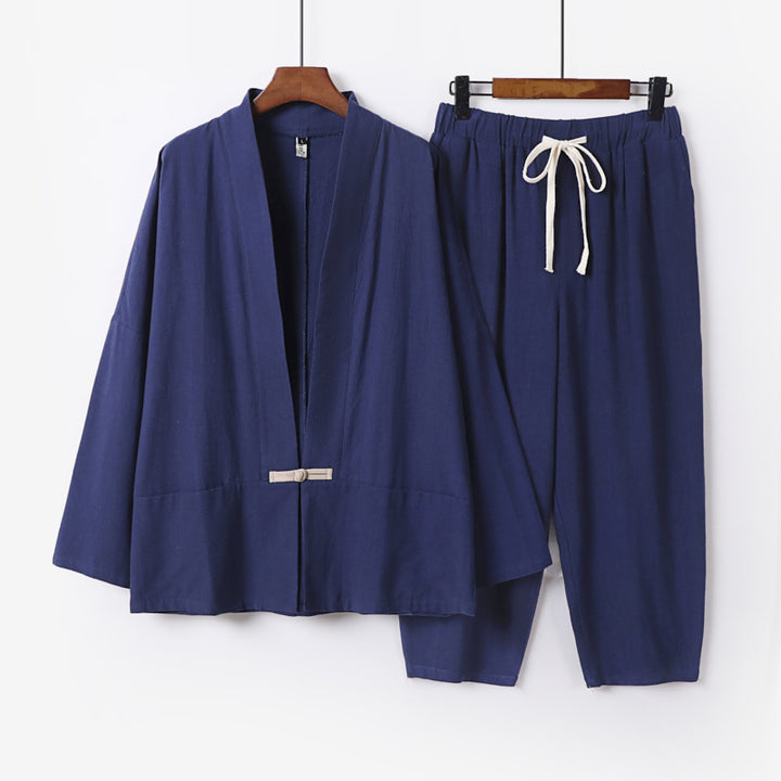 Unisex Casual Kimono Loungewear Set made of lightweight Linen Blend with Drawstring Pants Mune Fashion