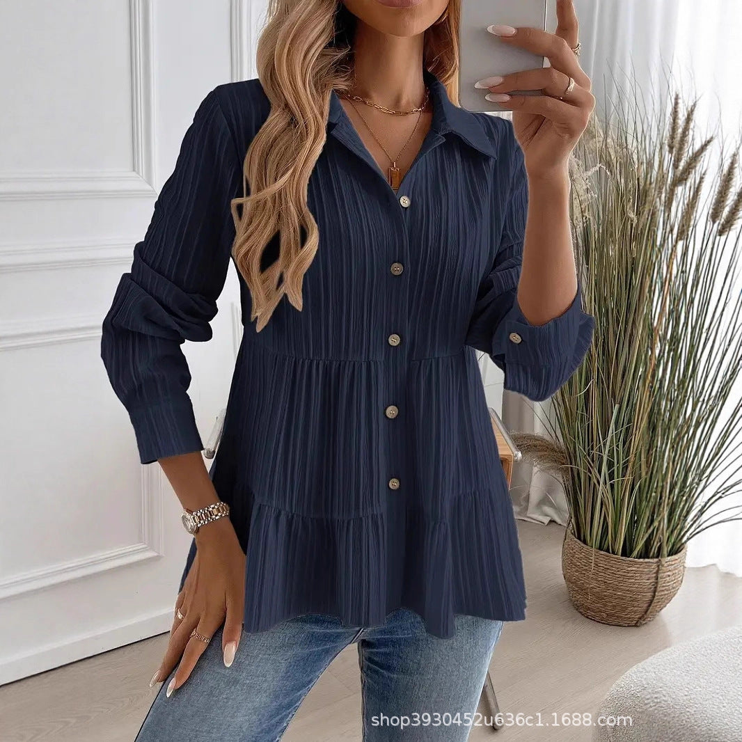 Women's Layered Shirt Blouse Tunic with Collar and Button Placket Mune Fashion