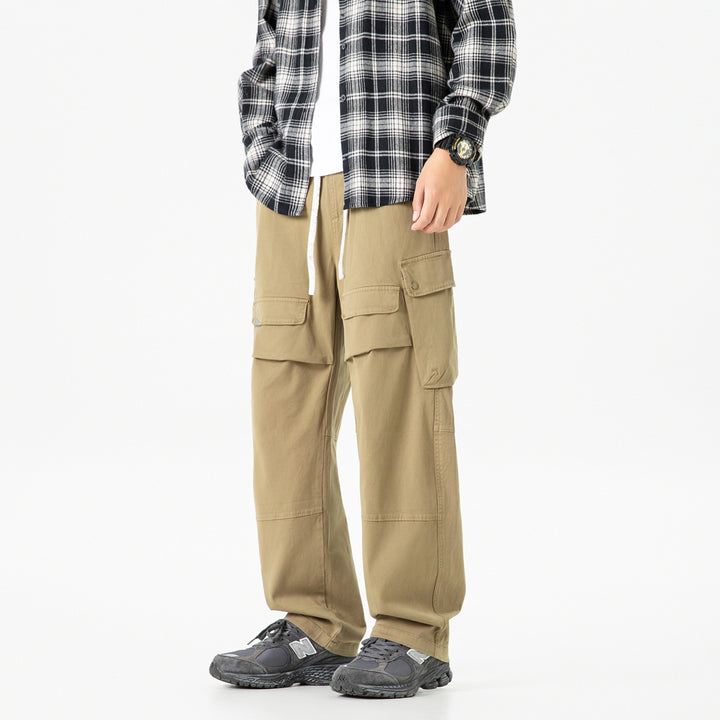 Men's loose cargo pants with elastic waistband, drawstring, and generous flap utility pockets Drune