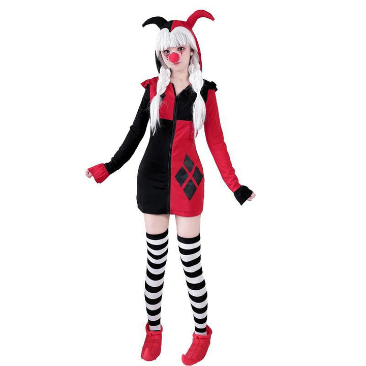 Ladies costume dress in harlequin style with hood and zipper Mune Fashion