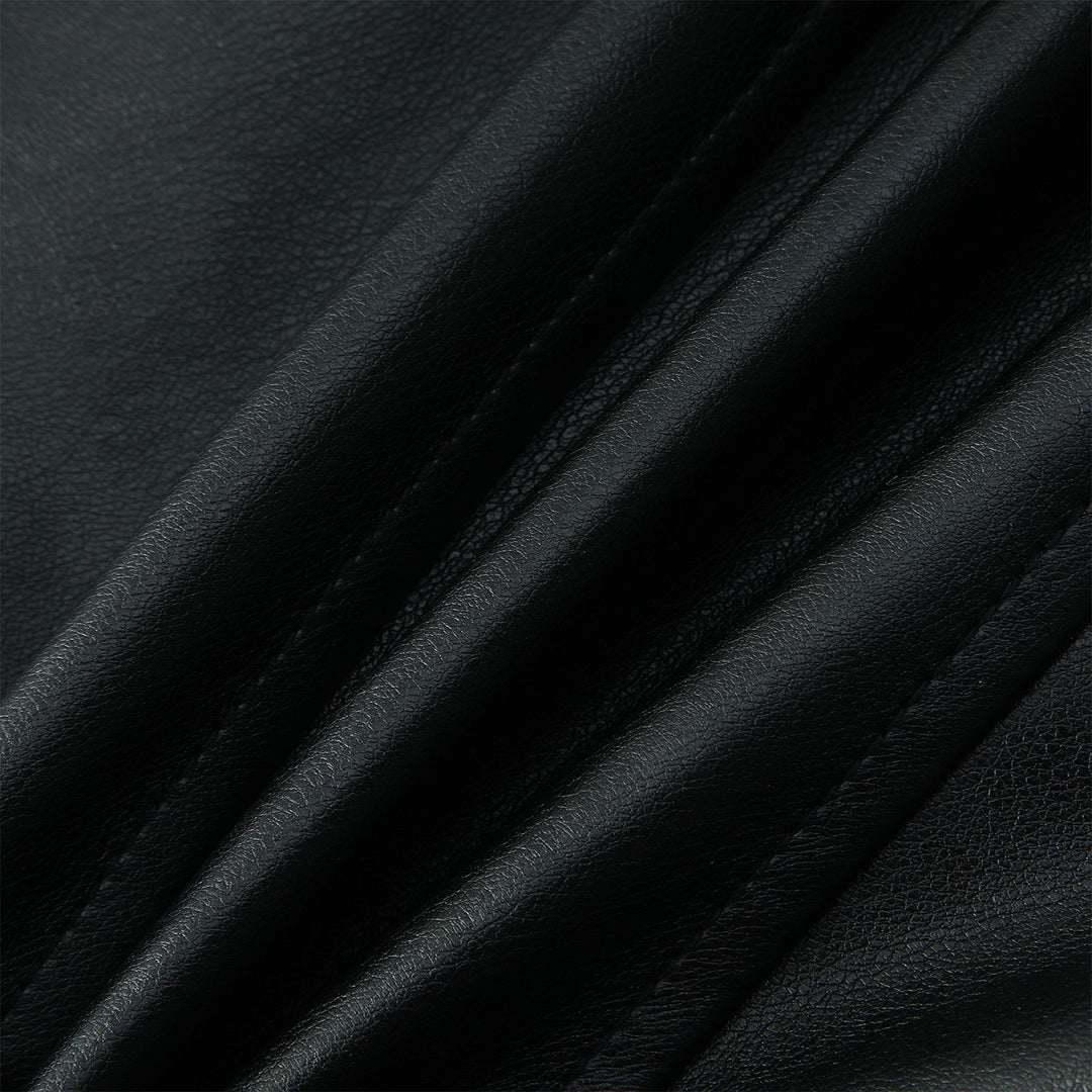 Women's motorcycle biker jacket made of faux leather with stand-up collar, asymmetric zipper, and decorative pleats Mune Fashion
