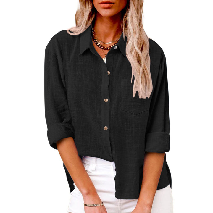 Women's oversized linen-cotton blend shirt blouse with breast pocket and roll-up sleeves Mune Fashion