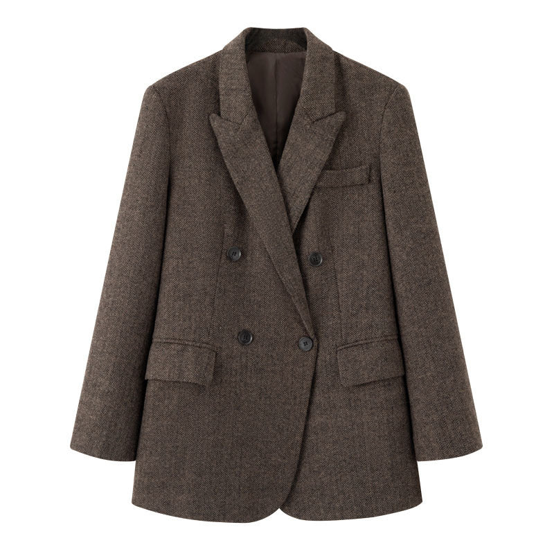 Women Double-Breasted Wool Blend Blazer in Herringbone Pattern with Flap Pockets Mune Fashion