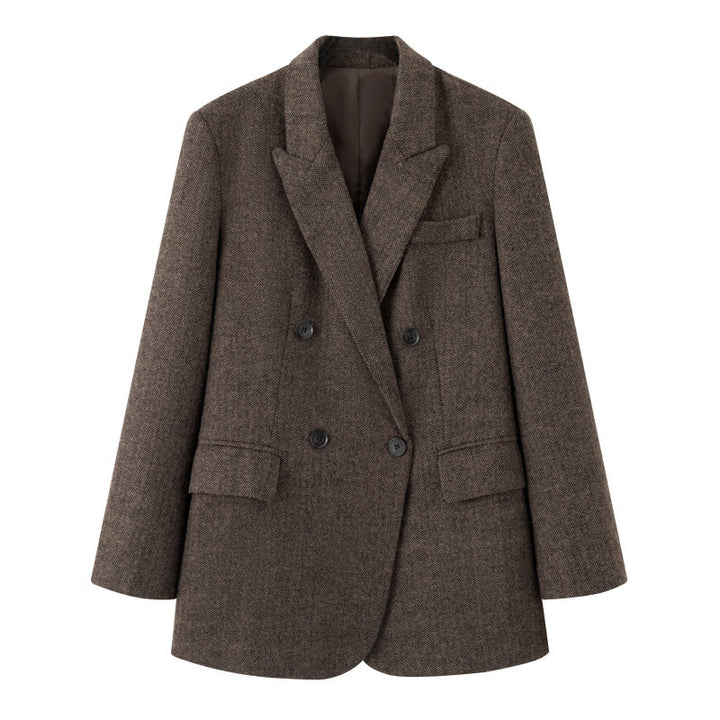 Women Double-Breasted Wool Blend Blazer in Herringbone Pattern with Flap Pockets Mune Fashion