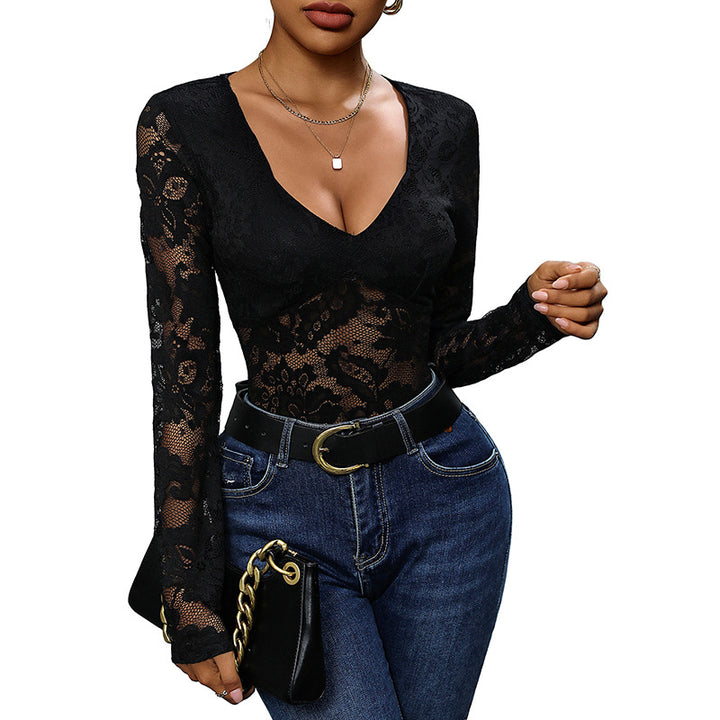 Women Figur-hugging Lace Bodysuit with Deep V-Square Neckline and Long Sleeves Mune Fashion