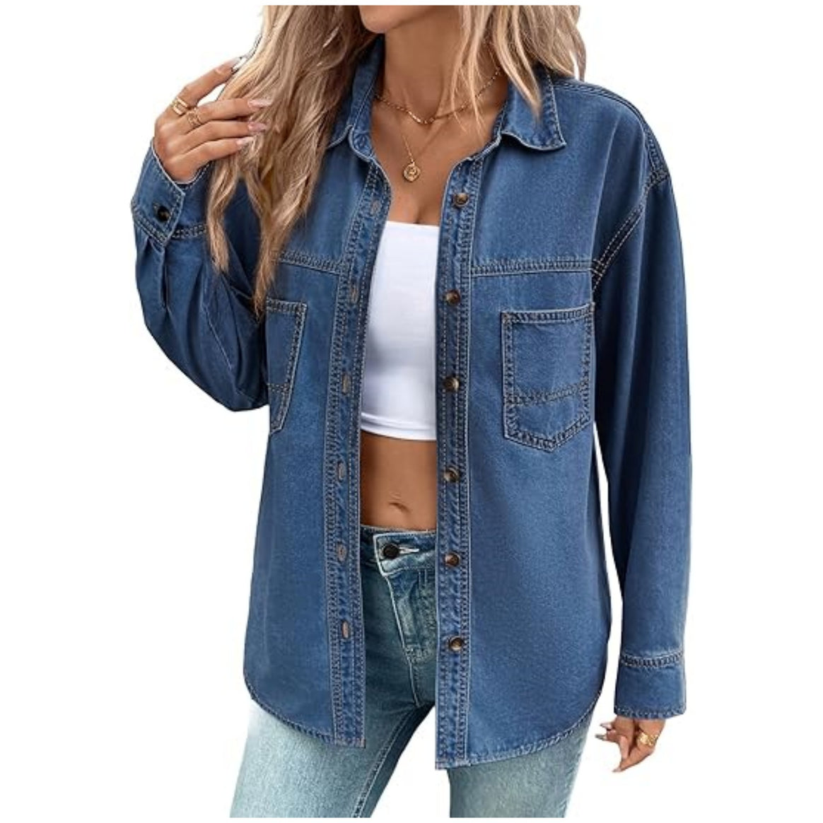 Women's Oversized Denim Shirt Jacket with Chest Pockets Mune Fashion
