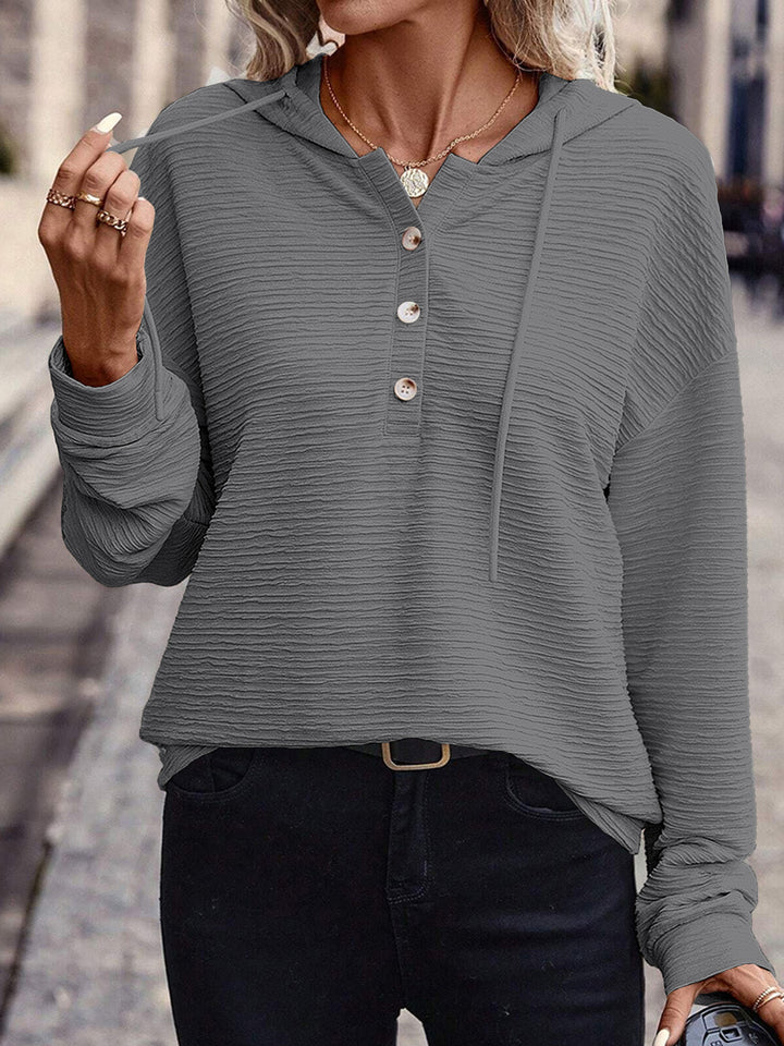 Women's Casual Structured Hoodie Henley Shirt with Button Placket and Oversized Cut Mune Fashion