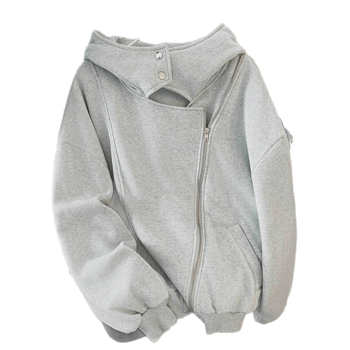Women Oversized Hoodie Jacket with Asymmetric Zipper and Cut-Out Detail Mune Fashion