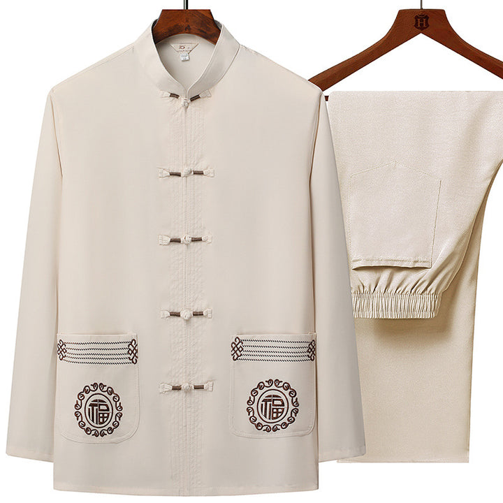 Men's traditional Tang suit set with stand collar, knot closures, and subtle embroidery details Mune Fashion