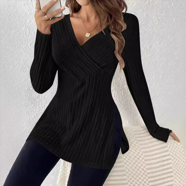 Women Ribbed Wrap V-Neck Long Sweater with Waist Emphasis and Side Slits Mune Fashion