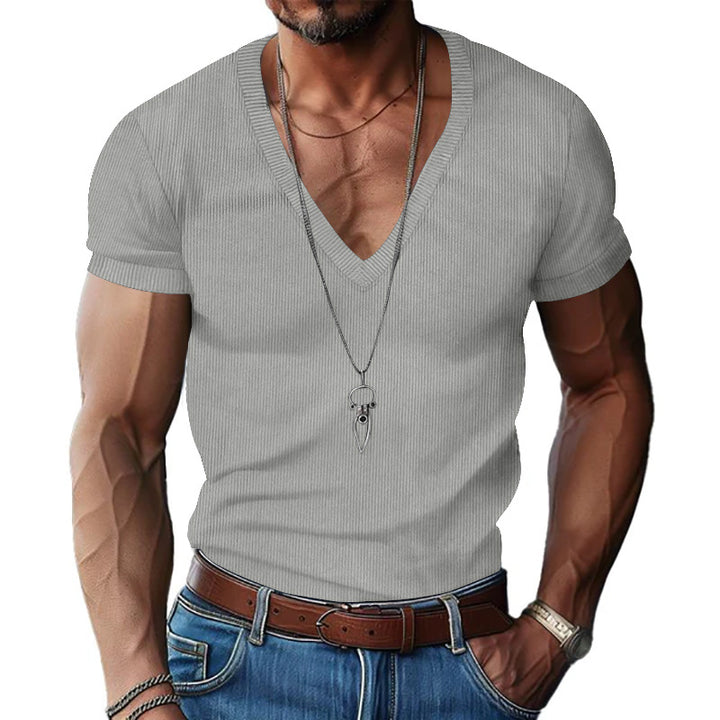 Men's structured V-neck ribbed jersey shirt with short sleeves and a slim fit Mune Fashion