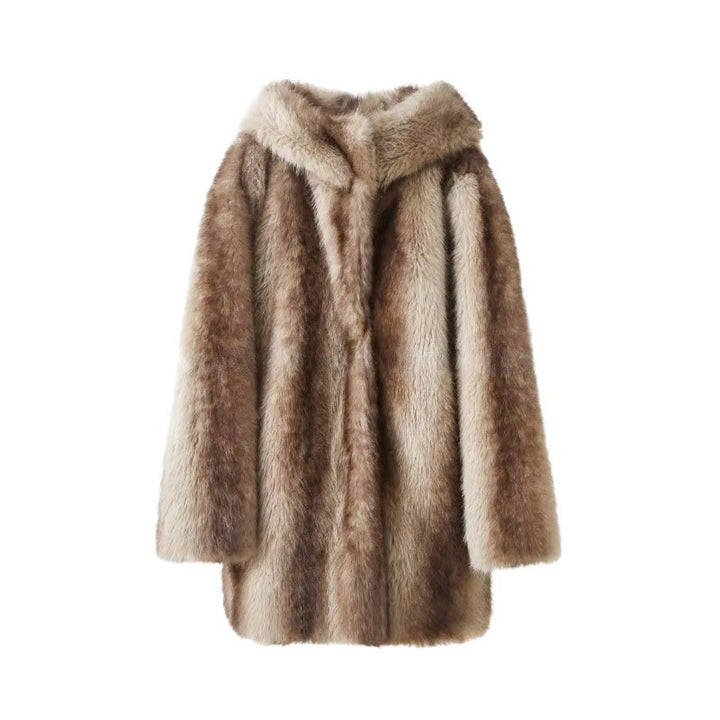 Women's Luxury Faux Fur Coat with A-Line Cut, Hood, and Microfiber Lining Mune Fashion