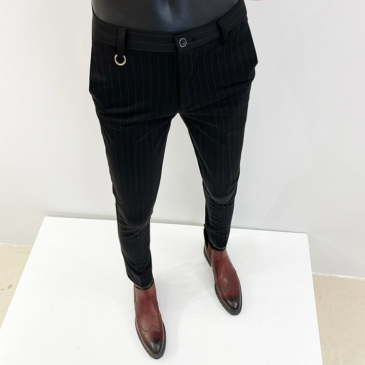 Men's slim-fit pinstripe suit trousers with elastic waistband and ring detail Mune Fashion