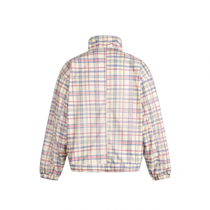 Women Lightweight Checkered Stand Collar Jacket with Drawstring and Flap Pockets Mune Fashion