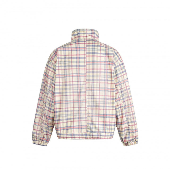 Women Lightweight Checkered Stand Collar Jacket with Drawstring and Flap Pockets Mune Fashion