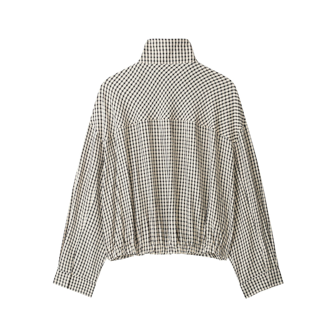 Women Check Cropped Oversized Jacket with Funnel Collar and Tulip Shape Mune Fashion