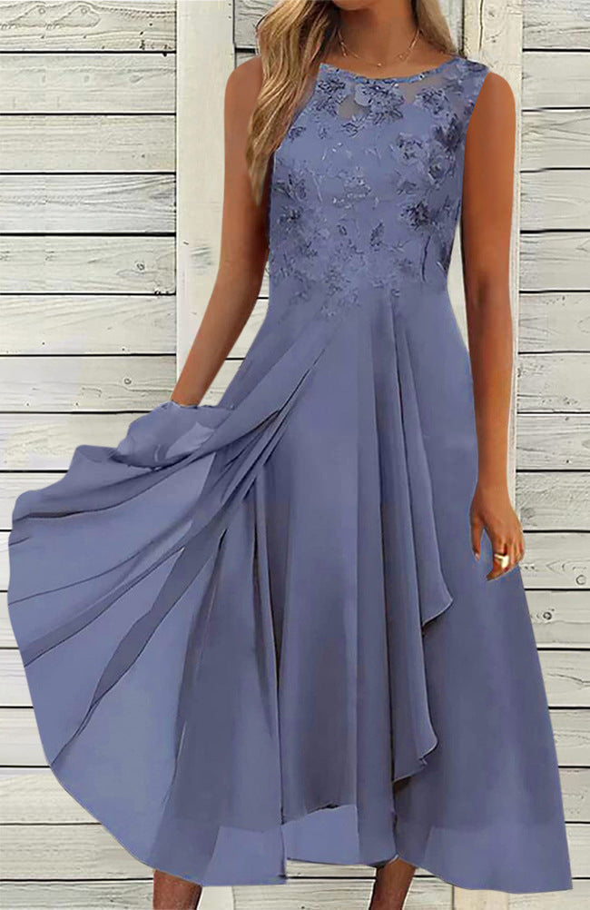Women’s sleeveless chiffon midi dress with embroidered bodice and asymmetric layered skirt Mune Fashion