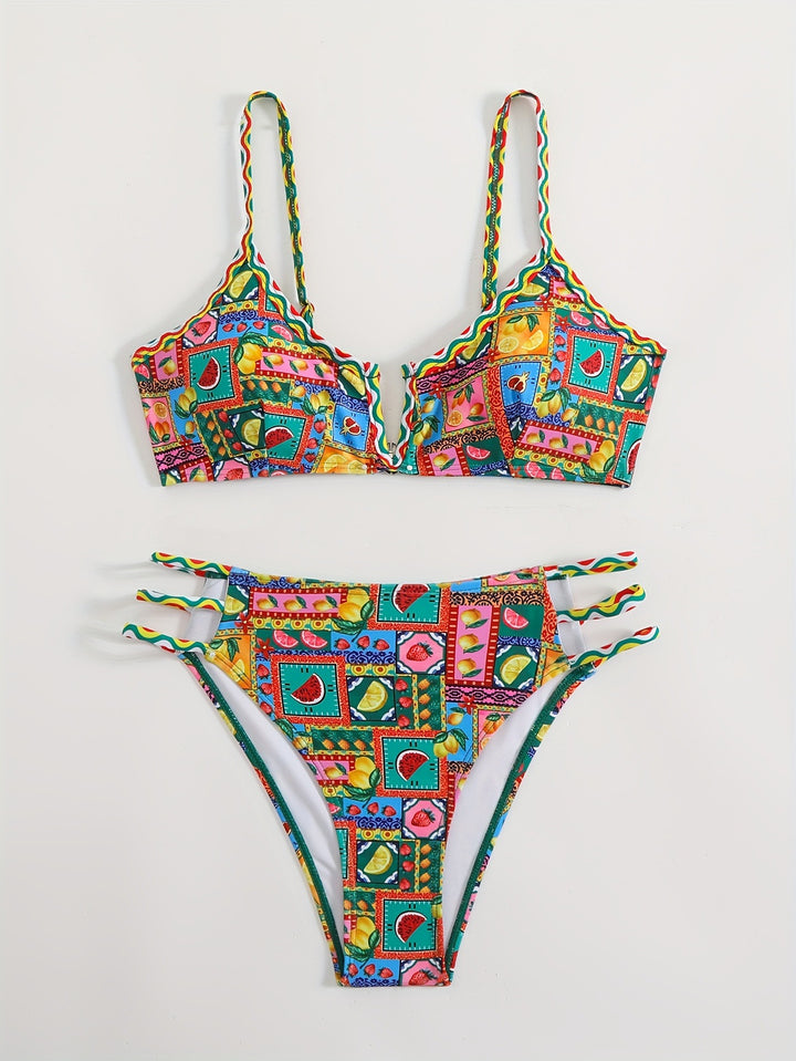Women's bikini set with colorful fruit pattern and sophisticated strap details Mune Fashion