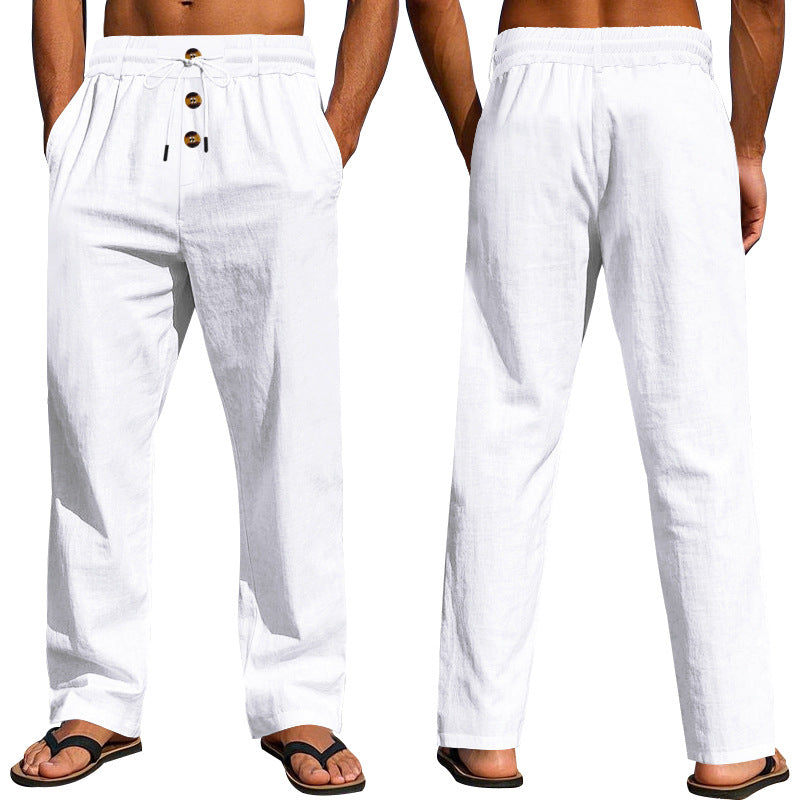 Men's casual linen relax pants with elastic tunnel drawstring waistband, cord drawstring and decorative button placket Mune Fashion