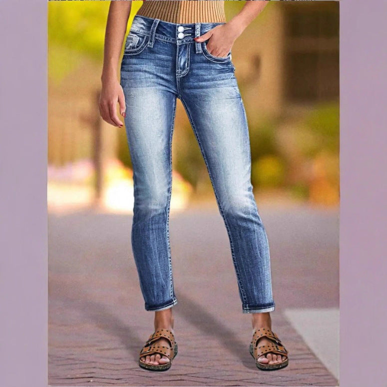 Women High-Waisted Cropped Skinny Jeans with Double Button and Vintage Wash Mune Fashion