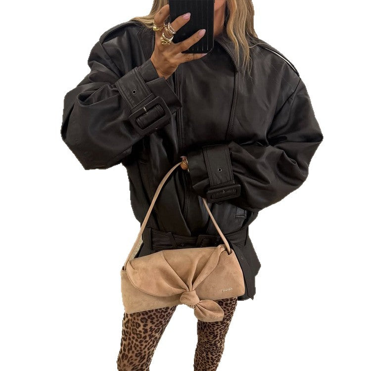 Ladies Oversize Leather Jacket with Tailoring Tie Belt and Ruffle Hem Mune Fashion