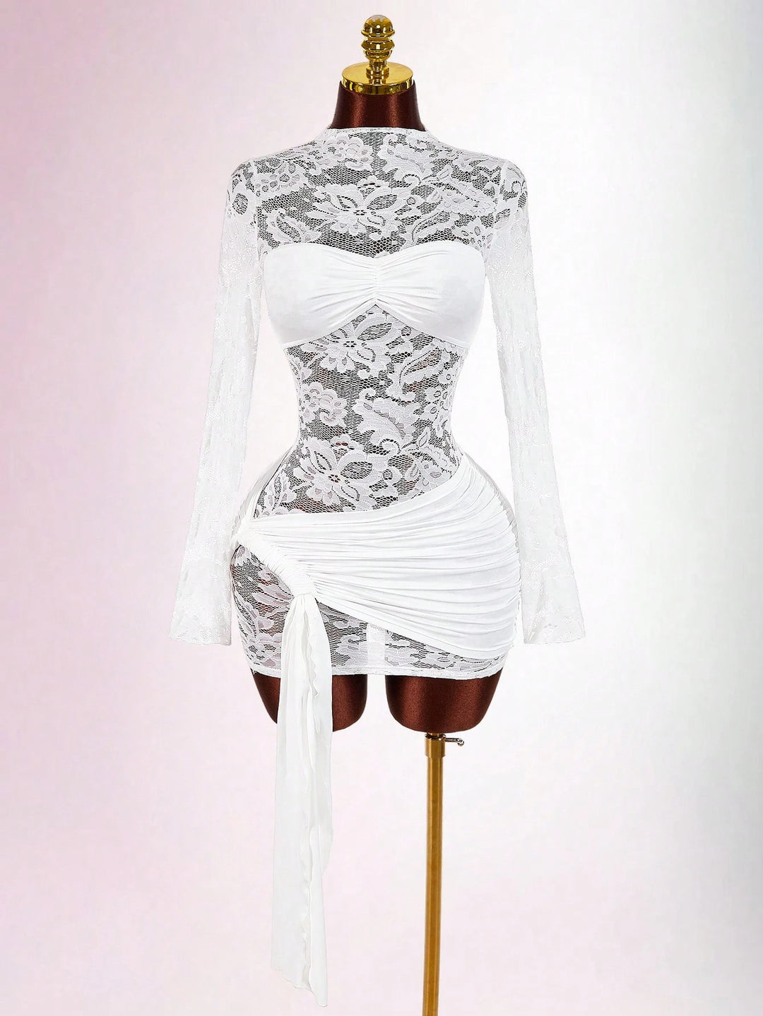 Women transparent lace mini dress with bandeau insert, gathered wrap skirt and long sleeves Mune Fashion