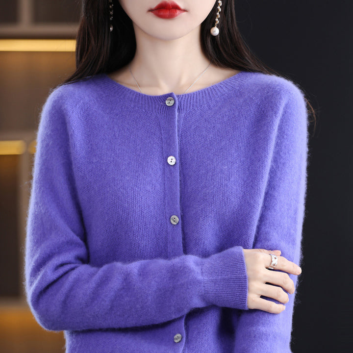 Women's Short-Cut Cardigan in Mohair-Look with Round Neckline and Pearl Buttons Mune Fashion