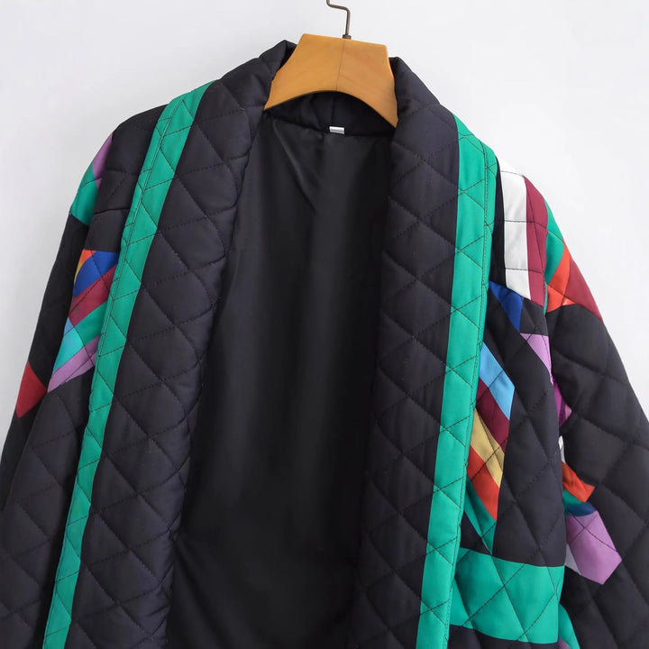 Women's non-quilted kimono jacket with geometric patchwork and open front Mune Fashion