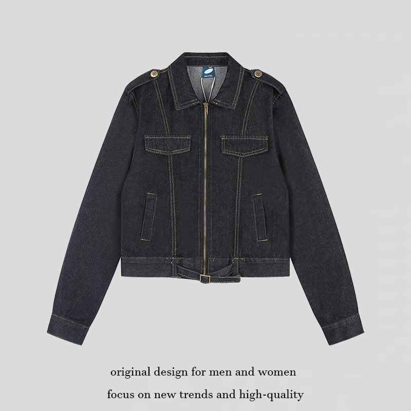 Women Short Cut Denim Jacket with Epaulettes, Zipper and Waist Belt Mune Fashion