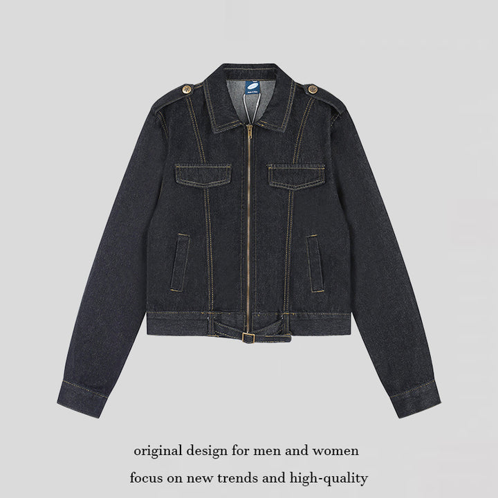 Women Short Cut Denim Jacket with Epaulettes, Zipper and Waist Belt Mune Fashion