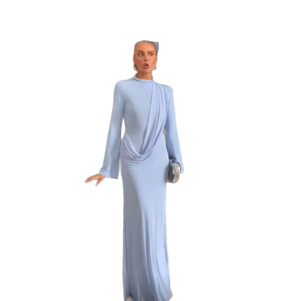 Women's Maxi Dress with Draped Front, Stand Collar and Bell Sleeves Mune Fashion