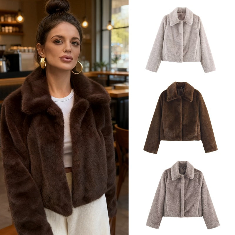 Women's Boxy Faux Fur Short Jacket with Classic Shirt Collar and Velvety Lining Mune Fashion