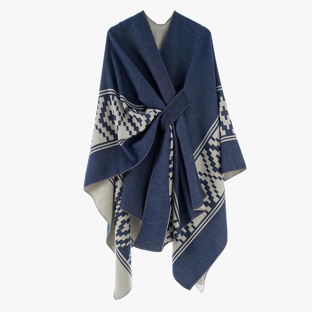 Women's Jacquard Ruana with TIE BELT and geometric pattern Mune Fashion
