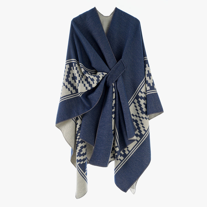 Women's Jacquard Ruana with TIE BELT and geometric pattern Mune Fashion
