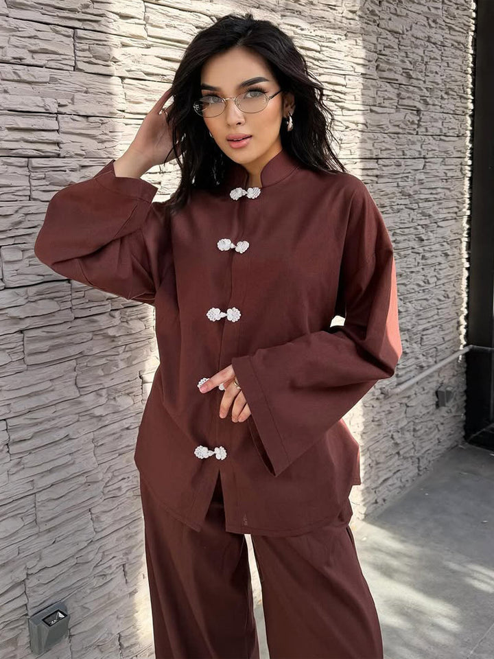 Women's loosely cut linen jacket with mandarin collar and frog closures Mune Fashion
