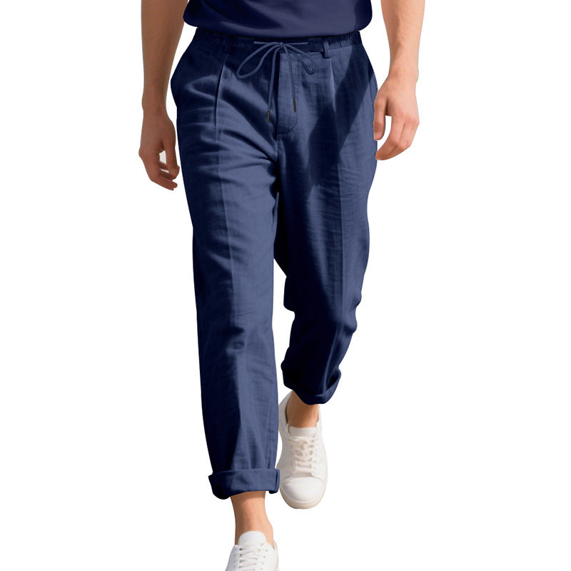 Men's beach-suitable linen blend lounge pants with elastic drawstring, subtle pleat, and rolled ankle hem Mune Fashion