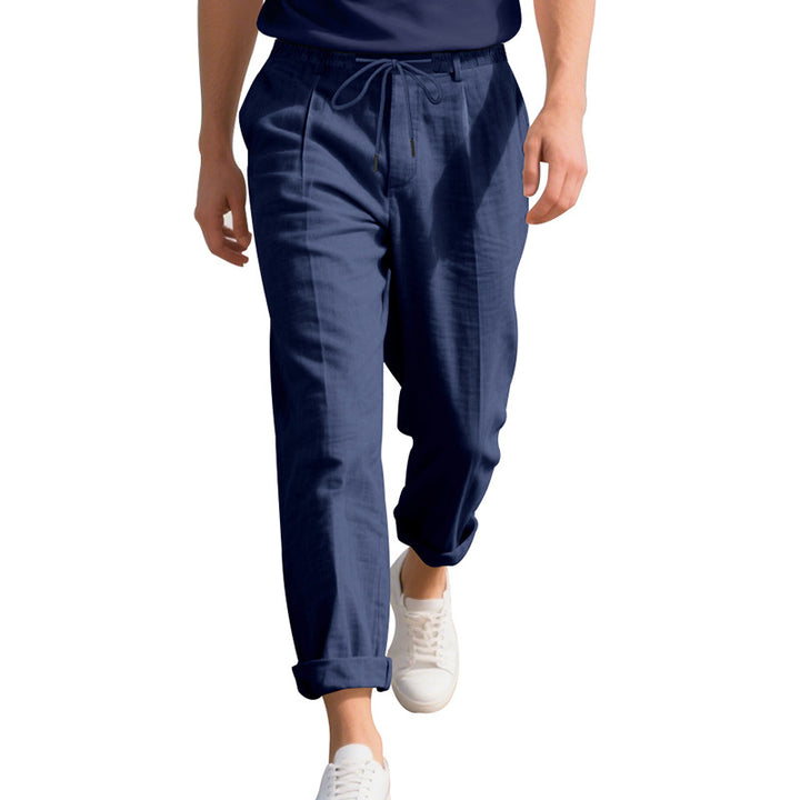 Men's beach-suitable linen blend lounge pants with elastic drawstring, subtle pleat, and rolled ankle hem Mune Fashion
