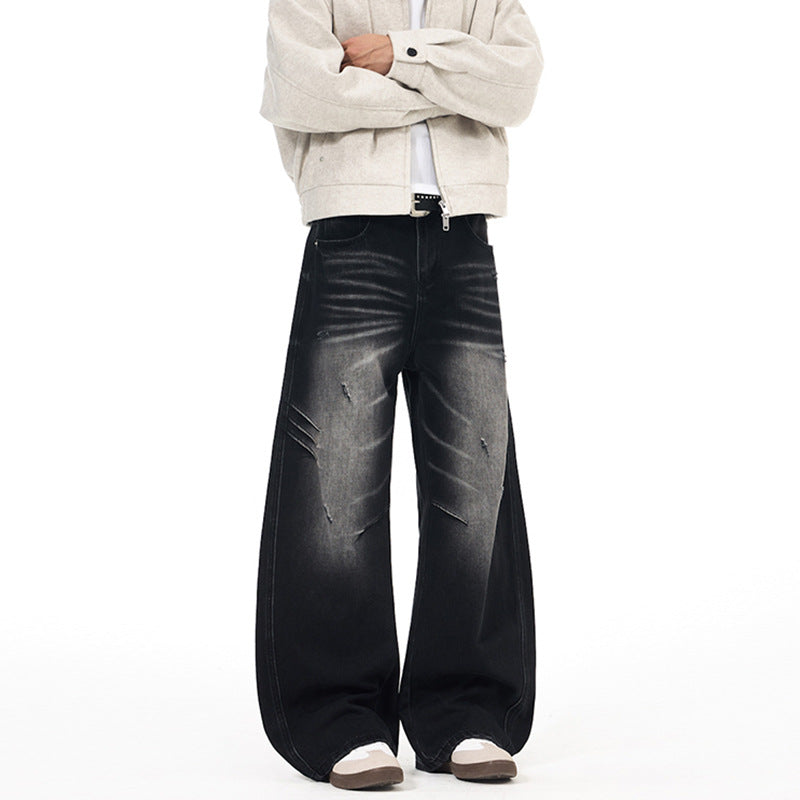 Men's Ultra Wide Denim Palazzo Pants with Sculptural Side Panels and Used Effect Mune Fashion