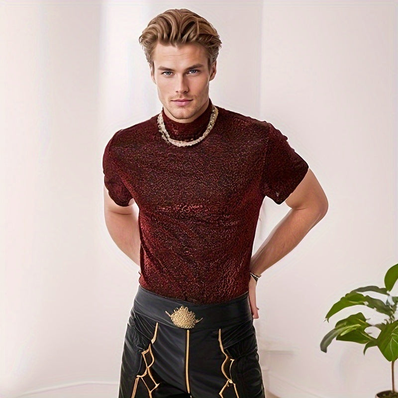 Women shimmering short-sleeve shirt with high round neckline and textured animal print look Mune Fashion