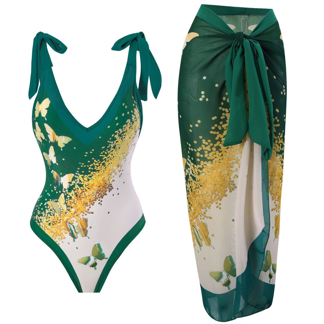 Women’s One-Piece Swimsuit with Playful Tie Straps and Elegant Wrap Skirt Mune Fashion