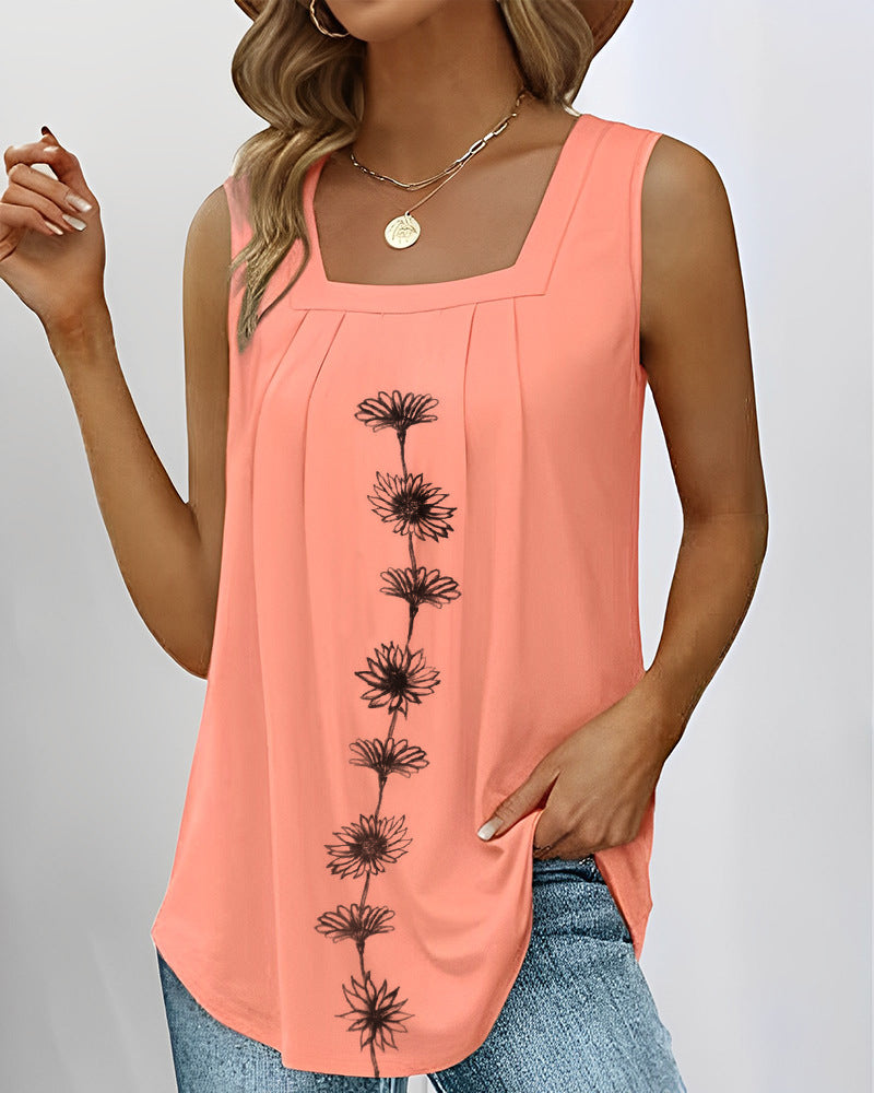 Women's sleeveless long top with square neckline, pleated yoke and central floral print Mune Fashion