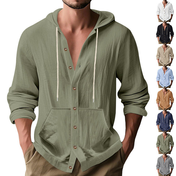 Men's form-fitting hooded shirt-jacket made of cotton blend with snap button placket and kangaroo pocket Mune Fashion