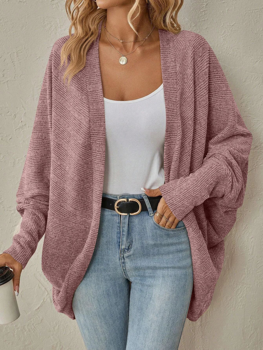 Ladies Open Fine Knit Cardigan with Structured Stripes and Extra Long Relaxed Silhouette Drune