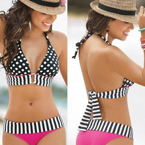 Women Triangle Bikini with contrasting stripes and dots Mune Fashion