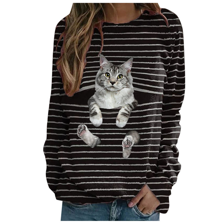 Women's casual striped sweater with photorealistic cat pocket and round neckline Mune Fashion