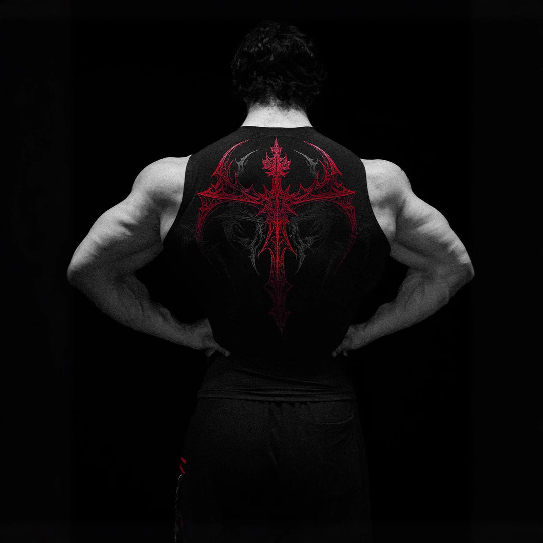 Men's form-fitting training tank top with deep armholes and intricate back print Mune Fashion